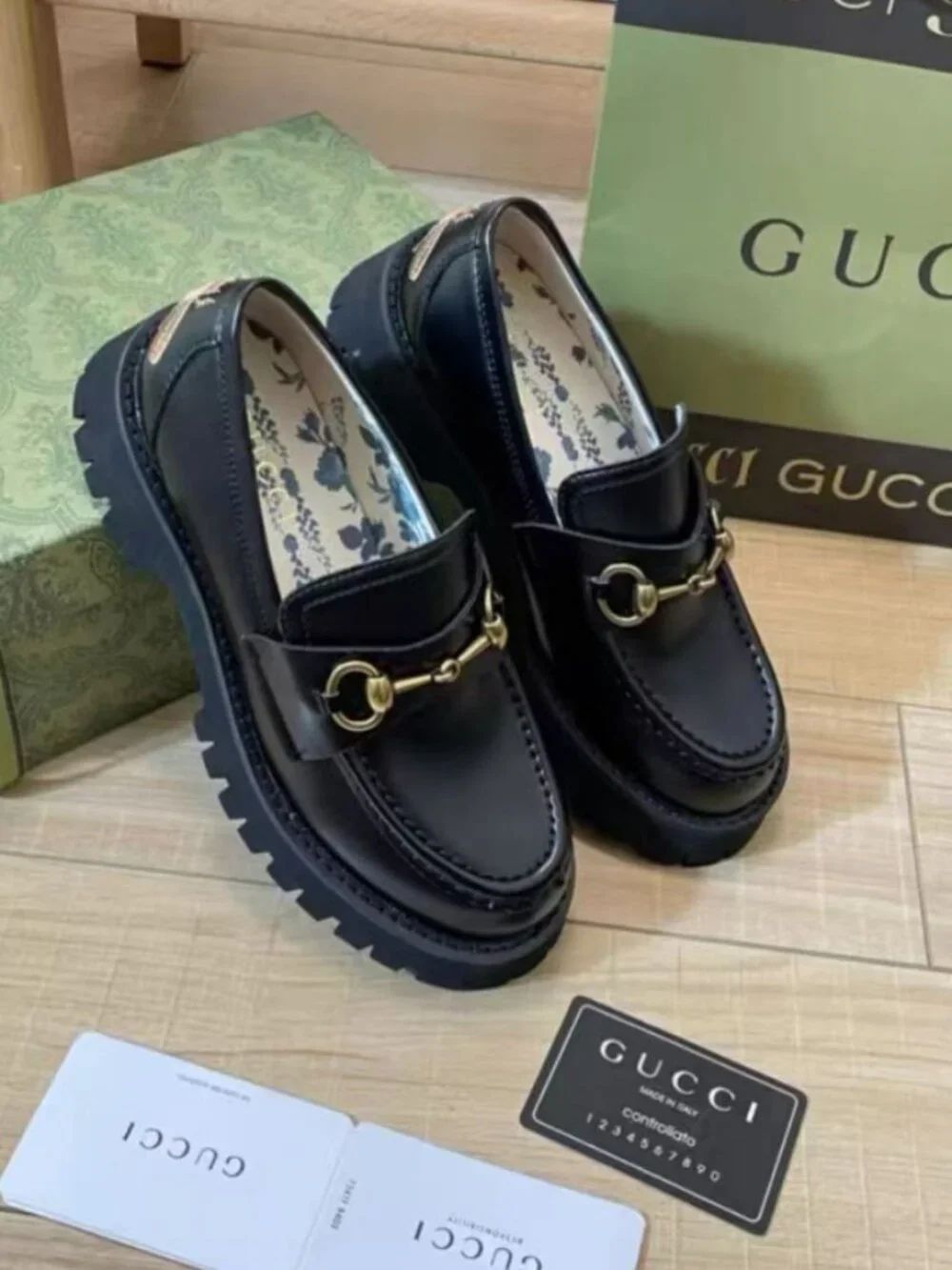 Gucci Black Leather Lug Sole Loafers